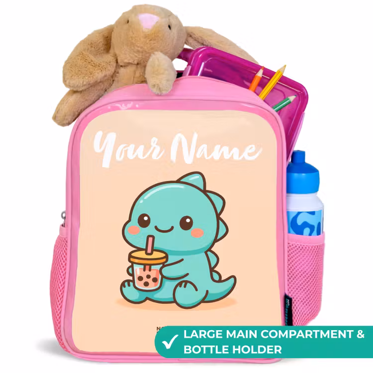 Kids backpack with name - Pink - Kawai - Dino - Bubbletea — 2