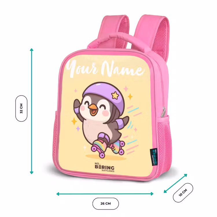 Kids backpack with name - Pink - Kawai - Penguin - Roller skates — 3