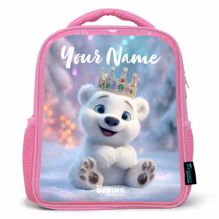 Kids backpack with name - Pink - Polar bear - Crown - Winter — 1