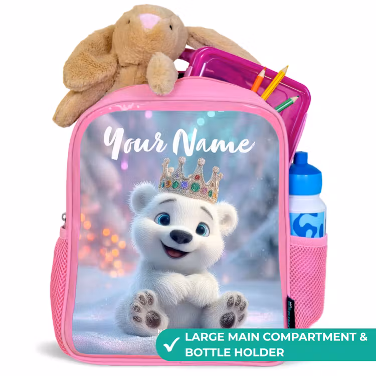 Kids backpack with name - Pink - Polar bear - Crown - Winter — 2