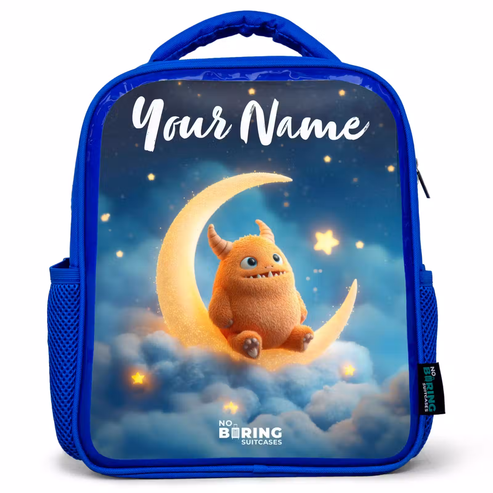 Kids backpack - Blue - Orange monster on crescent moon — 1