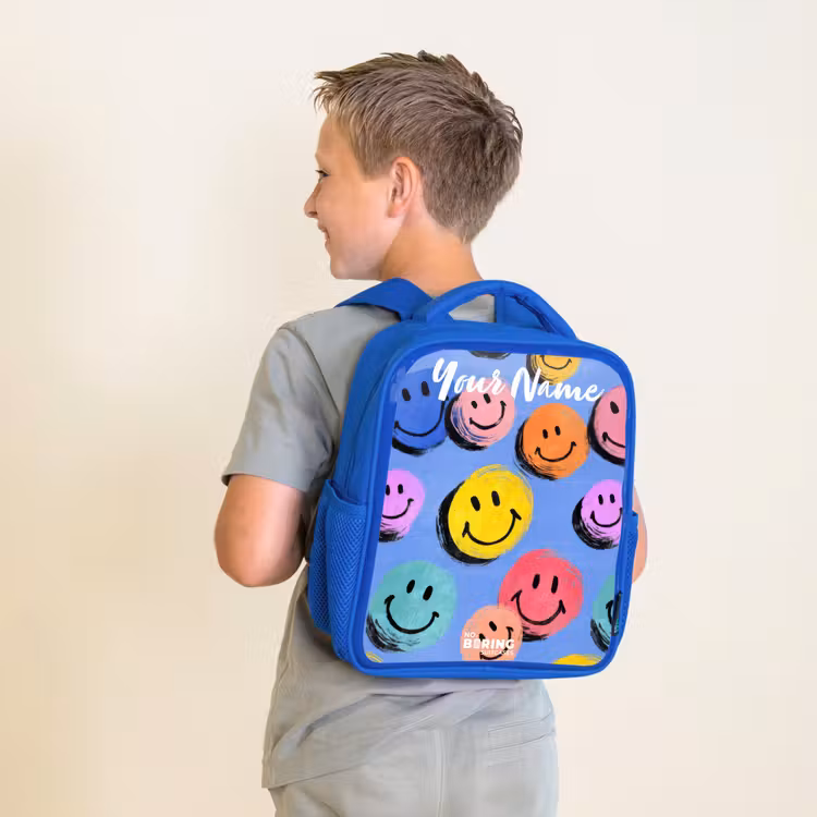 Kids backpack - Blue - A playful and artistic pattern of colorful smileys — 2