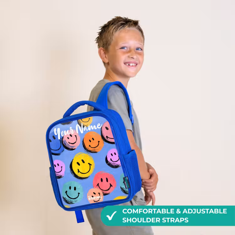 Kids backpack - Blue - A playful and artistic pattern of colorful smileys — 4