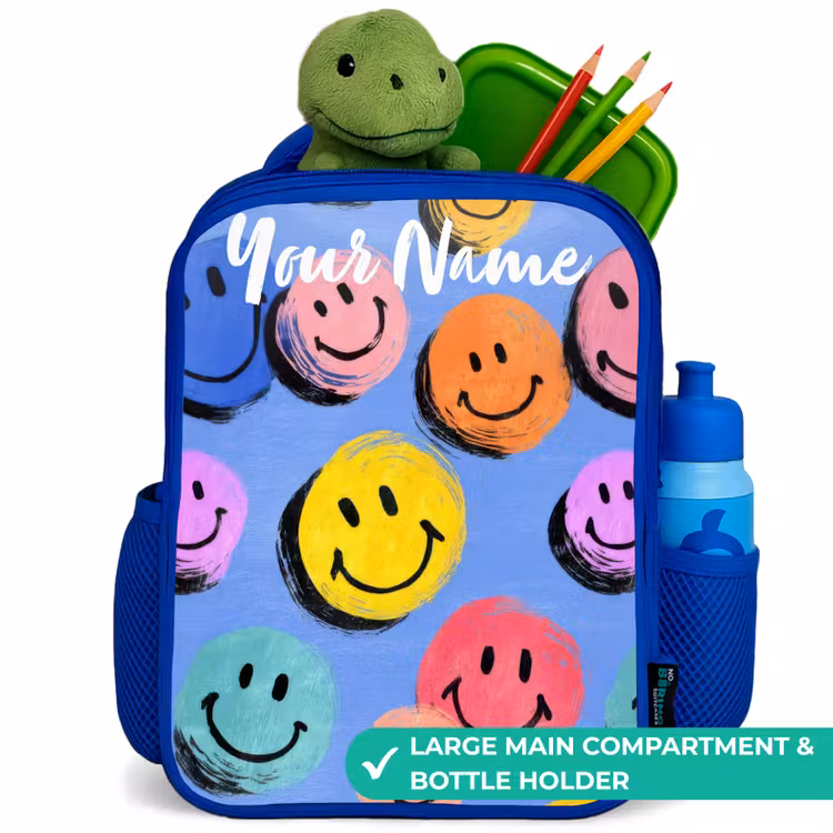 Kids backpack - Blue - A playful and artistic pattern of colorful smileys — 5