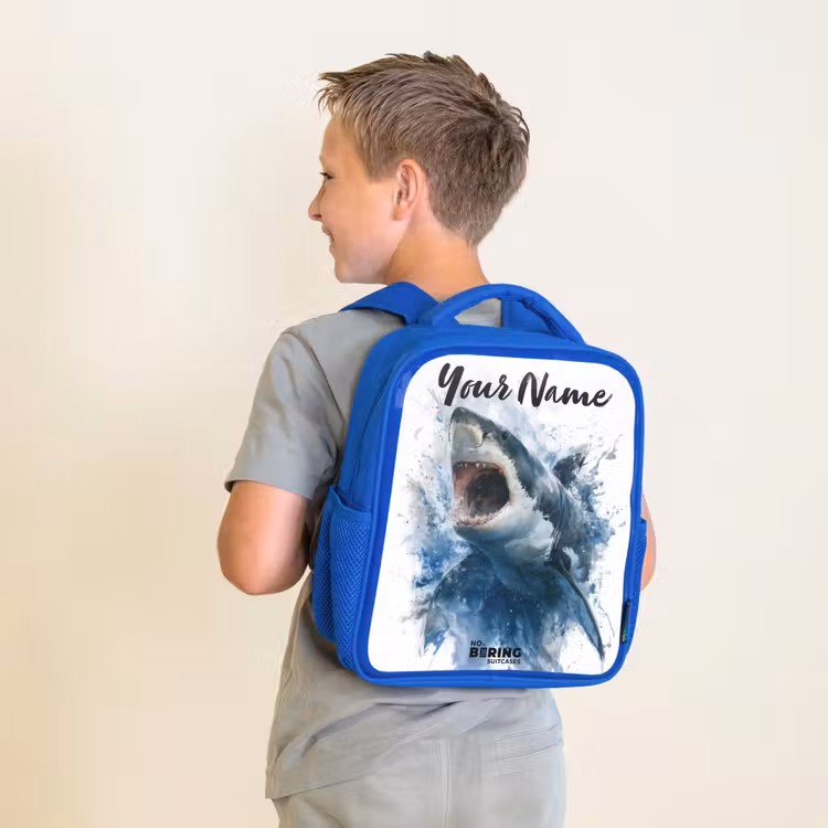 Kids backpack - Blue - Attacking shark in watercolor — 2