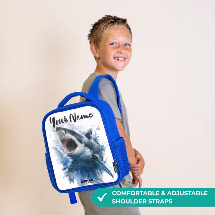 Kids backpack - Blue - Attacking shark in watercolor — 4
