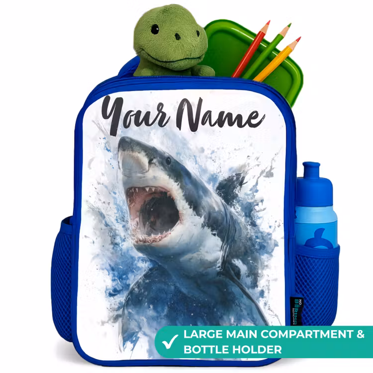 Kids backpack - Blue - Attacking shark in watercolor — 5