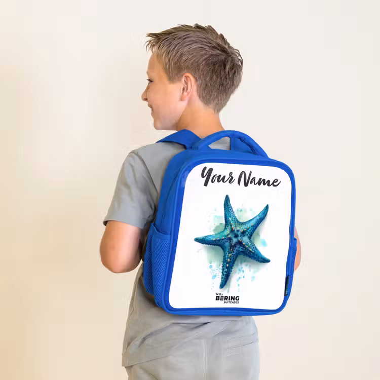 Kids backpack - Blue - Blue Starfish on White Background — 2