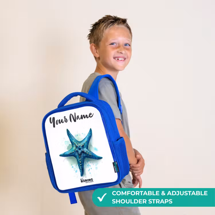 Kids backpack - Blue - Blue Starfish on White Background — 4