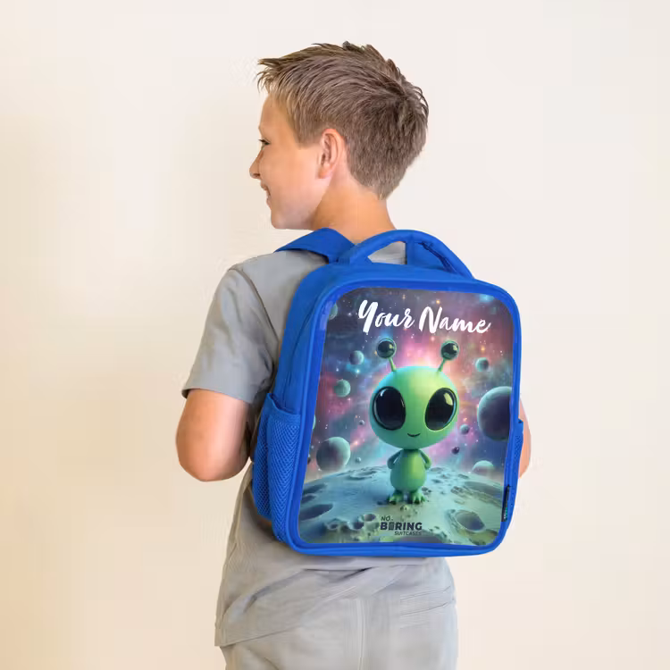 Kids backpack - Blue - Green alien creature on lunar landscape — 2