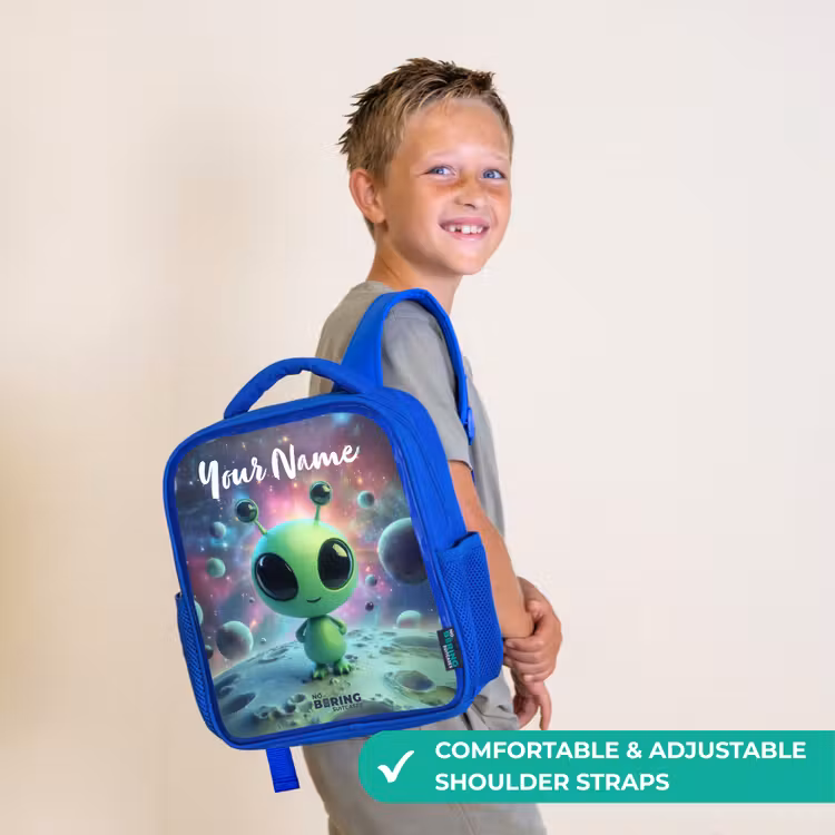 Kids backpack - Blue - Green alien creature on lunar landscape — 4