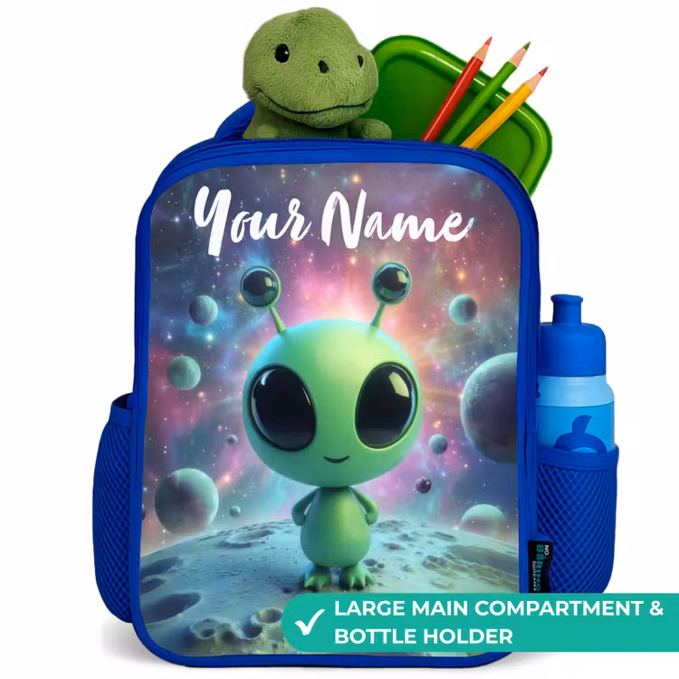 Kids backpack - Blue - Green alien creature on lunar landscape — 5