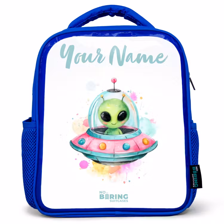 Kids backpack - Blue - Green alien in colorful UFO — 1