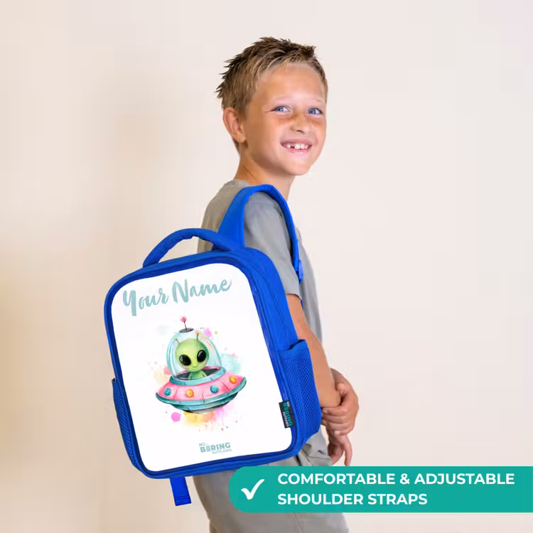 Kids backpack - Blue - Green alien in colorful UFO — 4