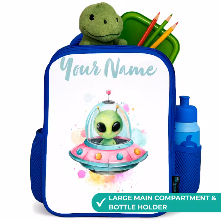 Kids backpack - Blue - Green alien in colorful UFO — 5