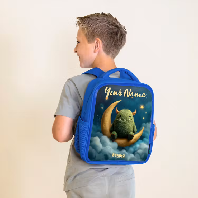 Kids backpack - Blue - Green monster on crescent moon — 2