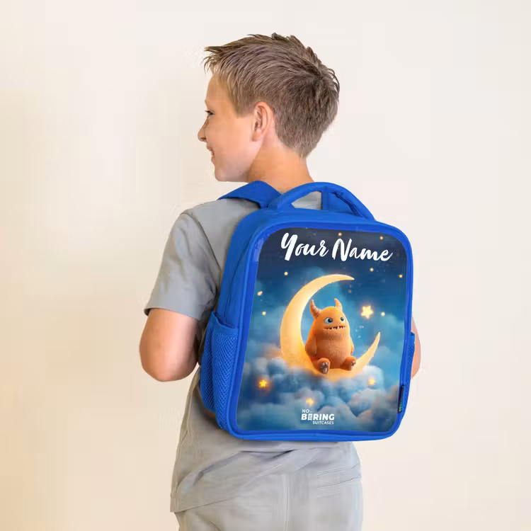 Kids backpack - Blue - Orange monster on crescent moon — 2