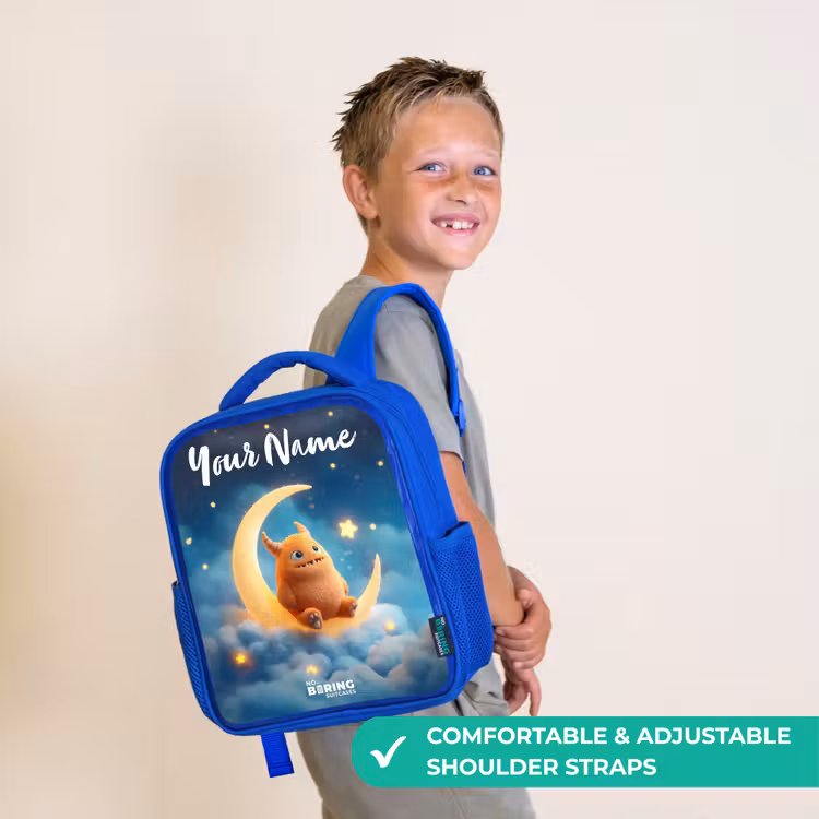 Kids backpack - Blue - Orange monster on crescent moon — 4