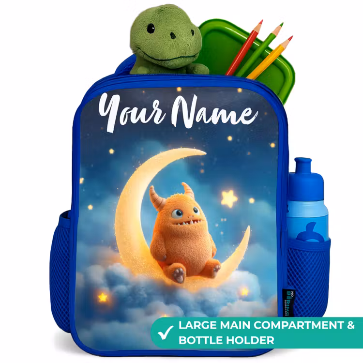 Kids backpack - Blue - Orange monster on crescent moon — 5