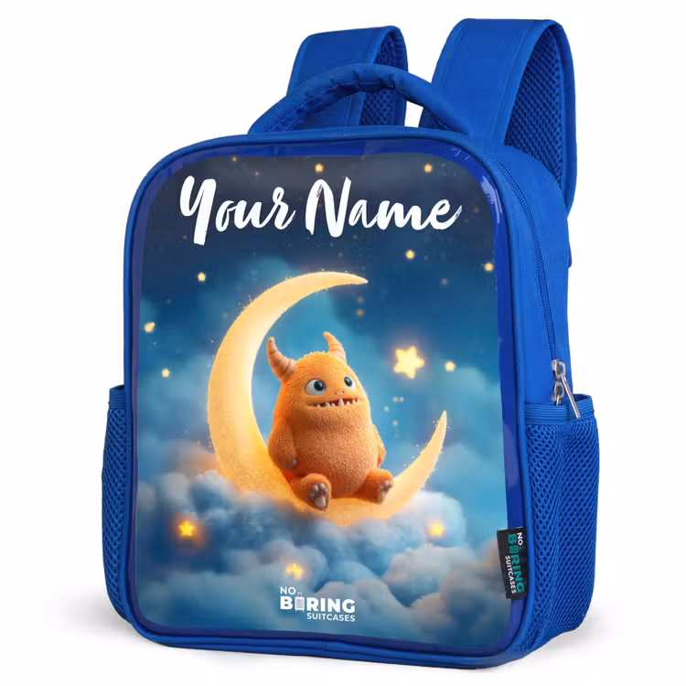 Kids backpack - Blue - Orange monster on crescent moon — 7