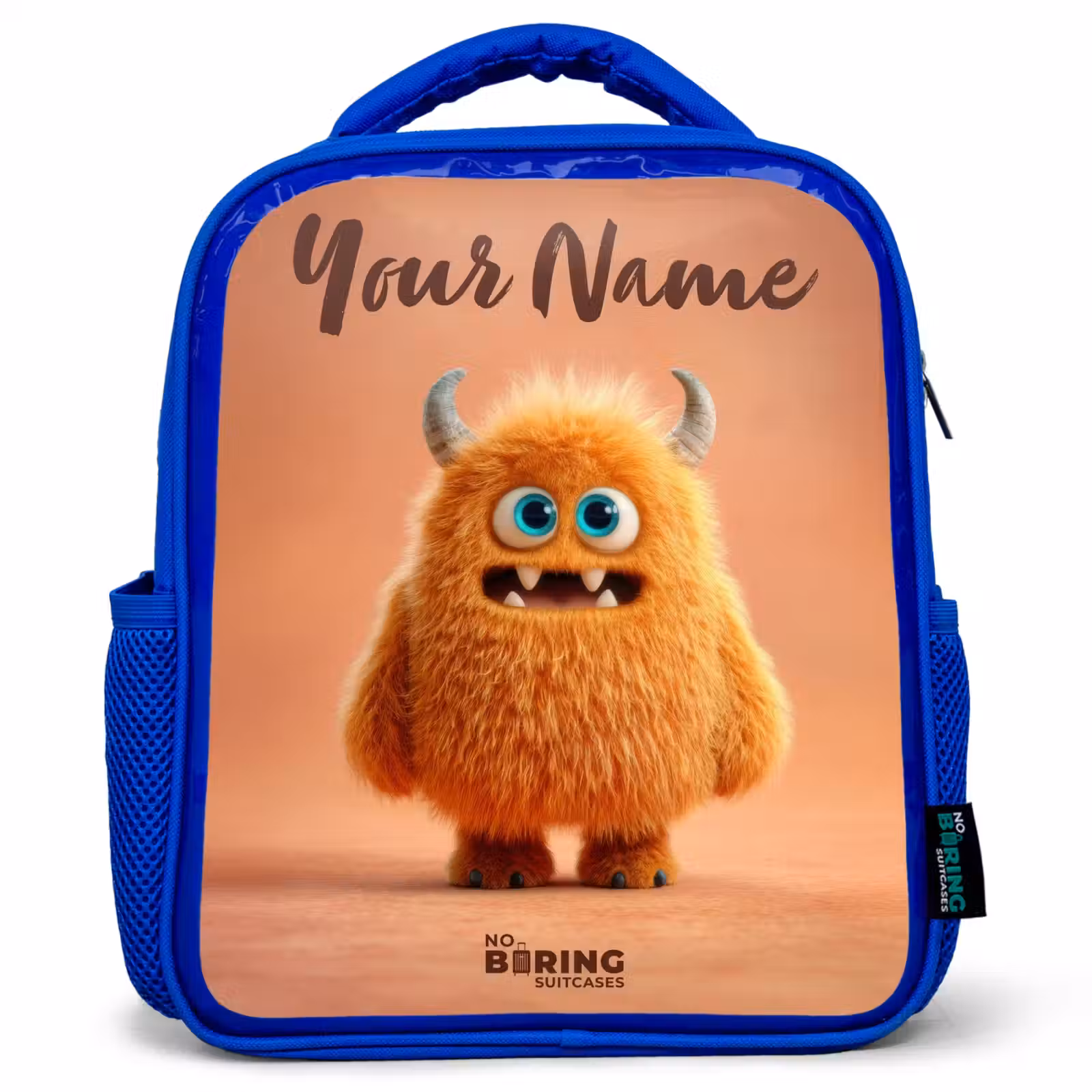 Kids backpack - Blue - Orange Fluffy Monster with Horns — 1