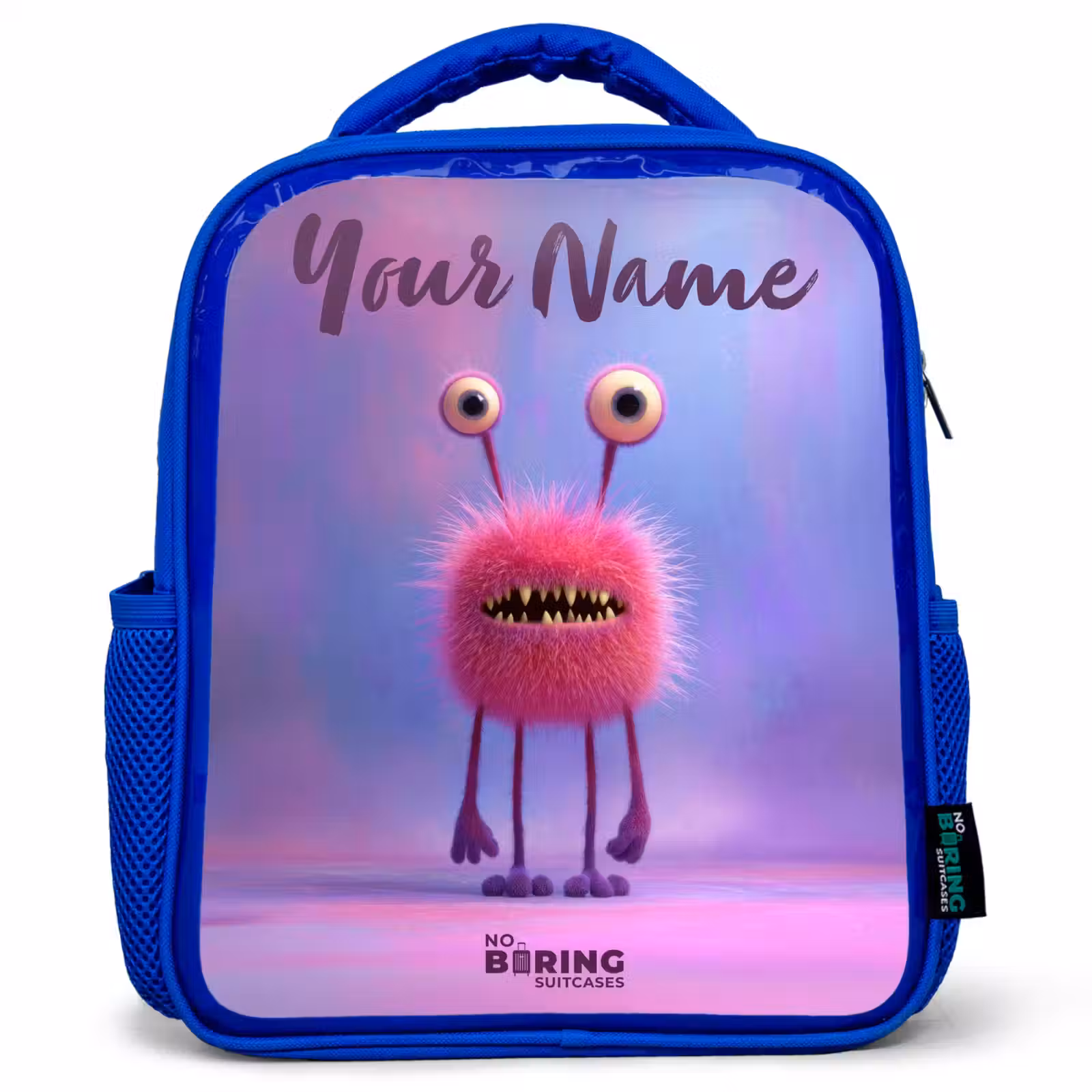 Kids backpack - Blue - Pink furry monster with big eyes — 1