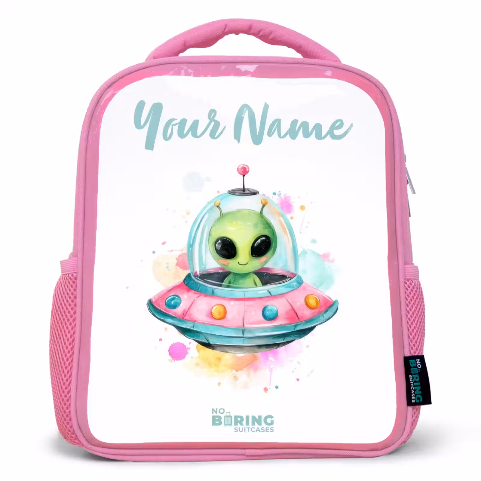 Kids backpack - Pink - Green alien in colorful UFO — 1