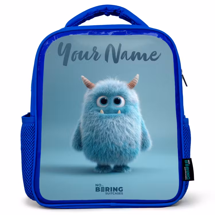 Kids backpack - Blue - Blue fluffy monster with horns — 1