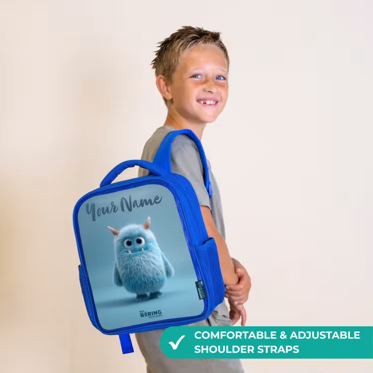 Kids backpack - Blue - Blue fluffy monster with horns — 4