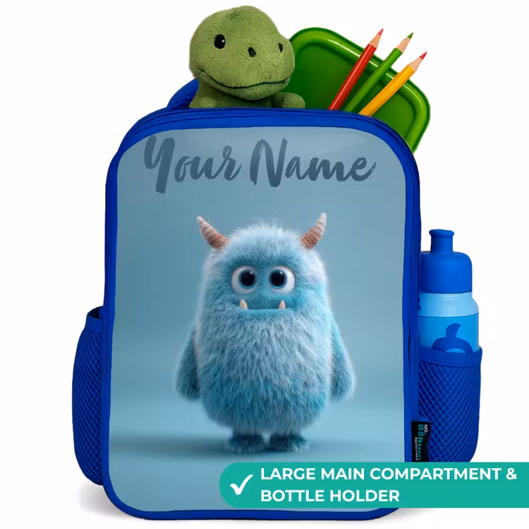 Kids backpack - Blue - Blue fluffy monster with horns — 5