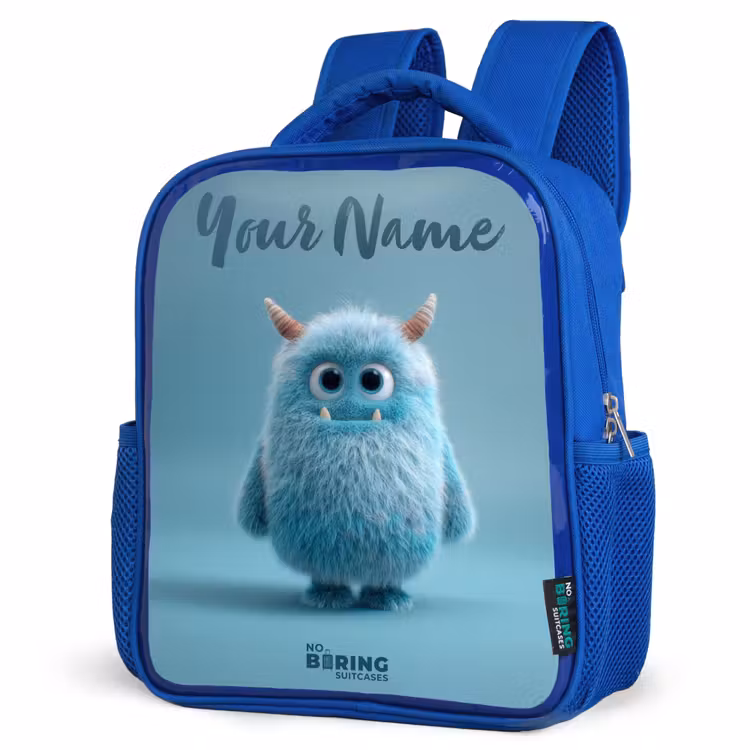 Kids backpack - Blue - Blue fluffy monster with horns — 7