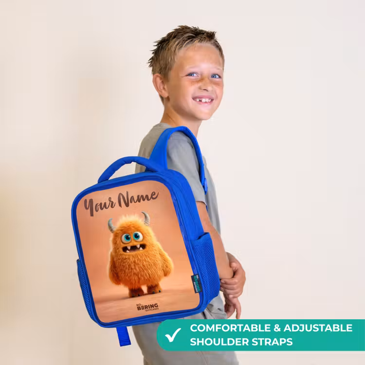 Kids backpack - Blue - Orange Fluffy Monster with Horns — 4