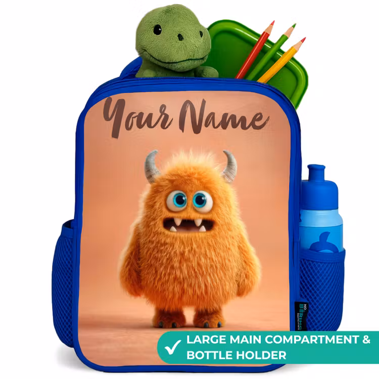 Kids backpack - Blue - Orange Fluffy Monster with Horns — 5