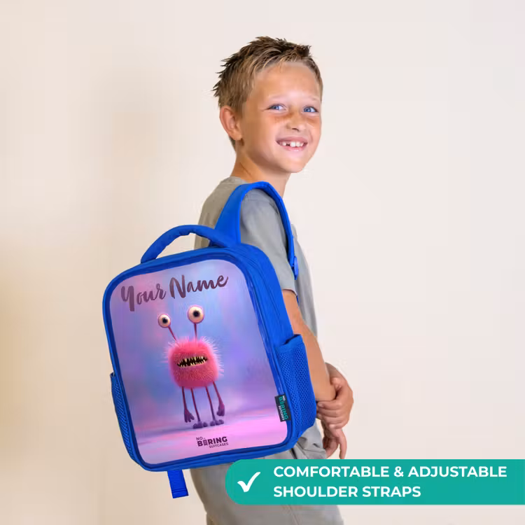 Kids backpack - Blue - Pink furry monster with big eyes — 4