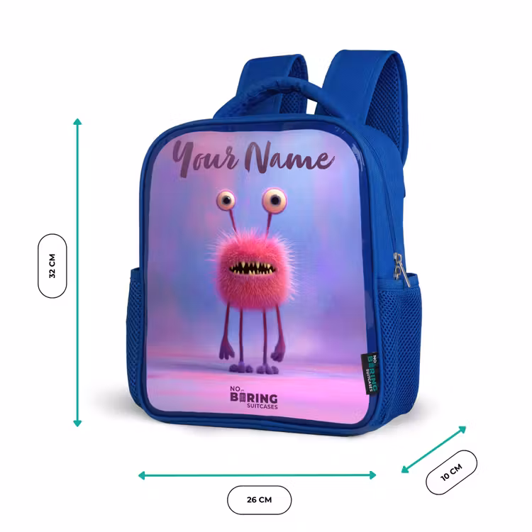 Kids backpack - Blue - Pink furry monster with big eyes — 6