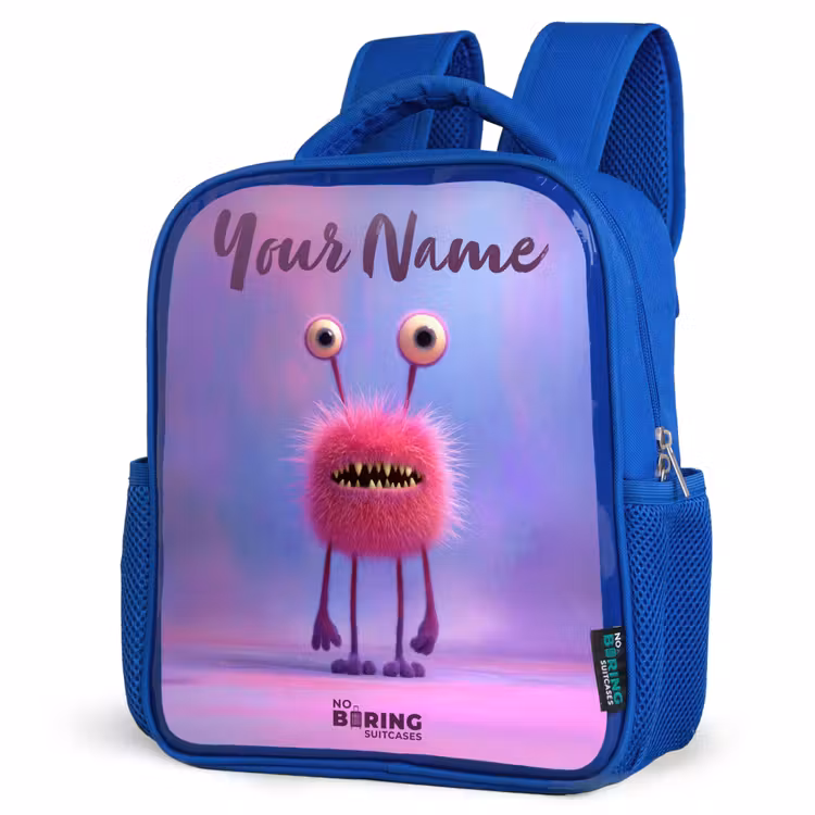 Kids backpack - Blue - Pink furry monster with big eyes — 7