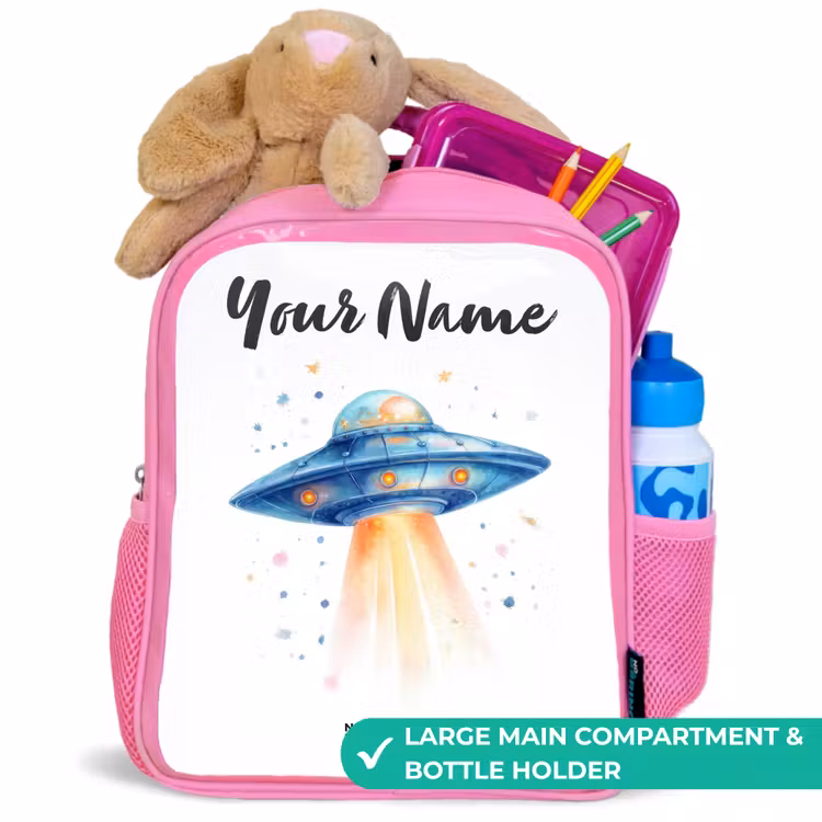 Kids backpack - Pink - Blue spaceship with beam of light — 2