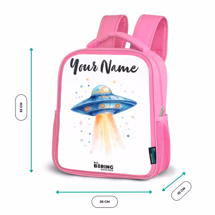 Kids backpack - Pink - Blue spaceship with beam of light — 3