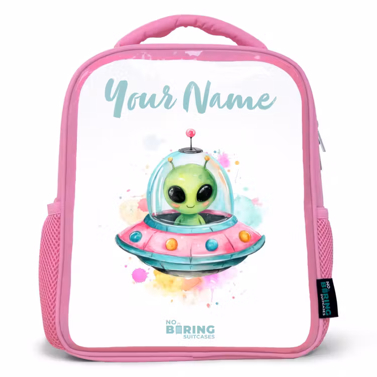 Kids backpack - Pink - Green alien in colorful UFO — 1