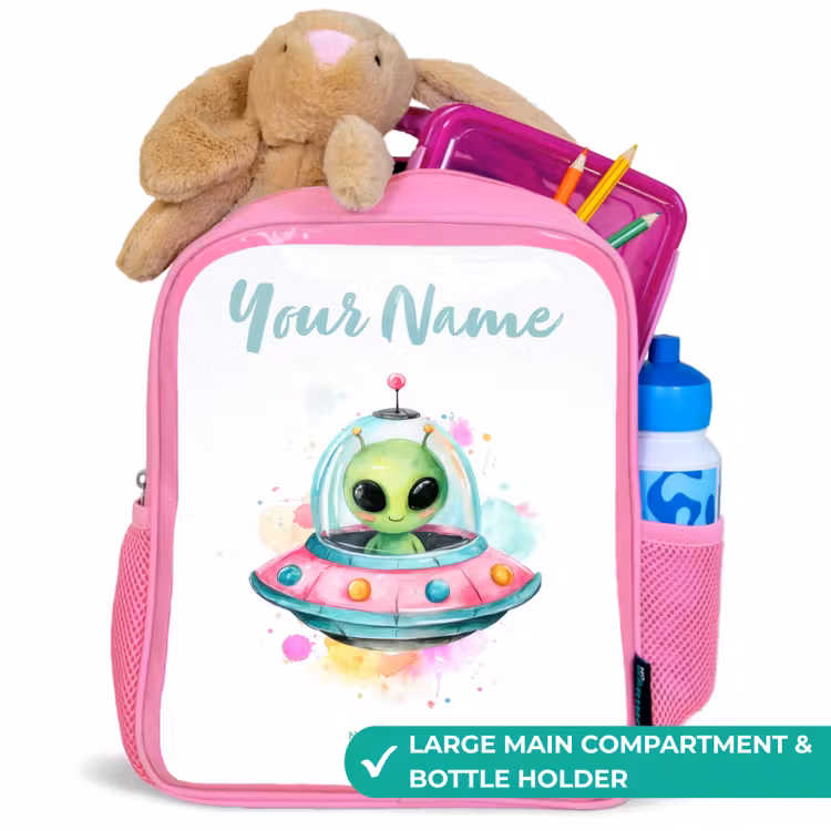 Kids backpack - Pink - Green alien in colorful UFO — 2