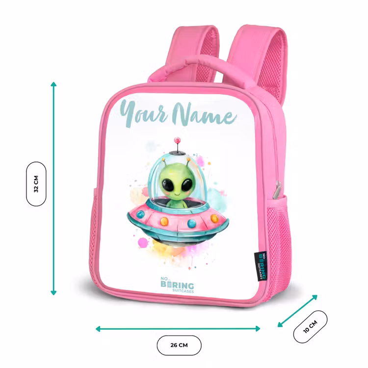 Kids backpack - Pink - Green alien in colorful UFO — 3