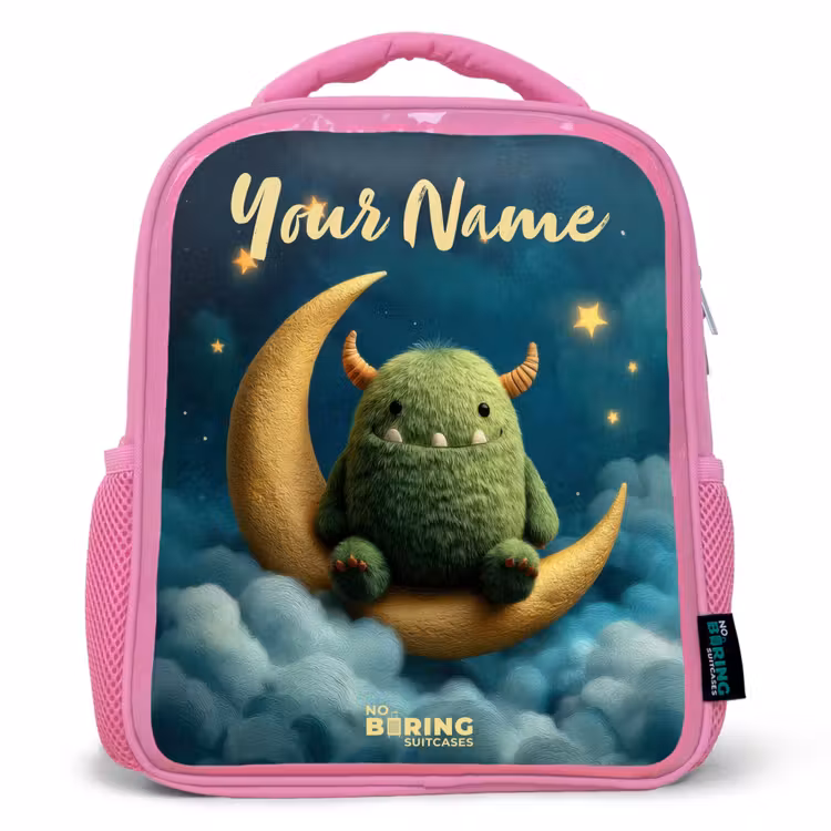 Kids backpack - Pink - Green monster on crescent moon — 1