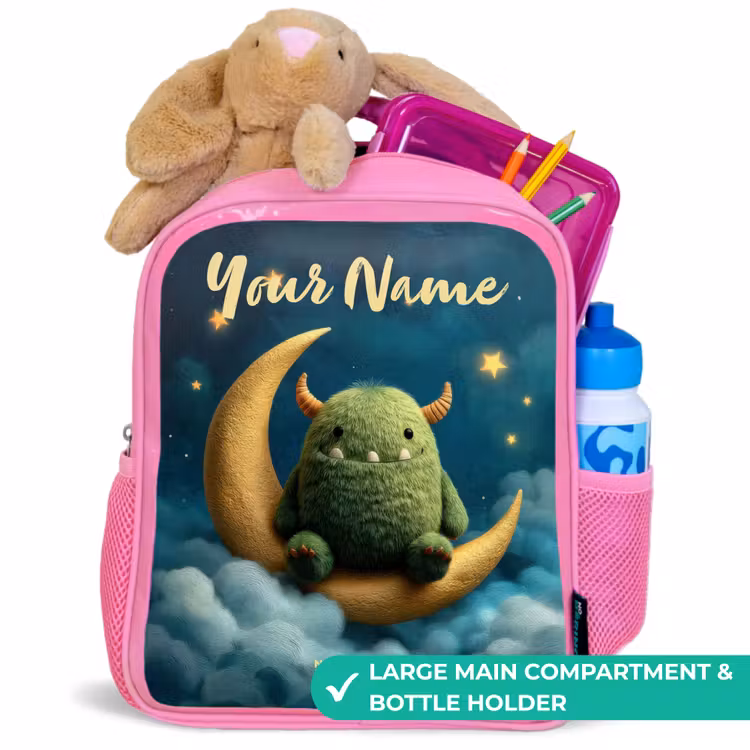 Kids backpack - Pink - Green monster on crescent moon — 2