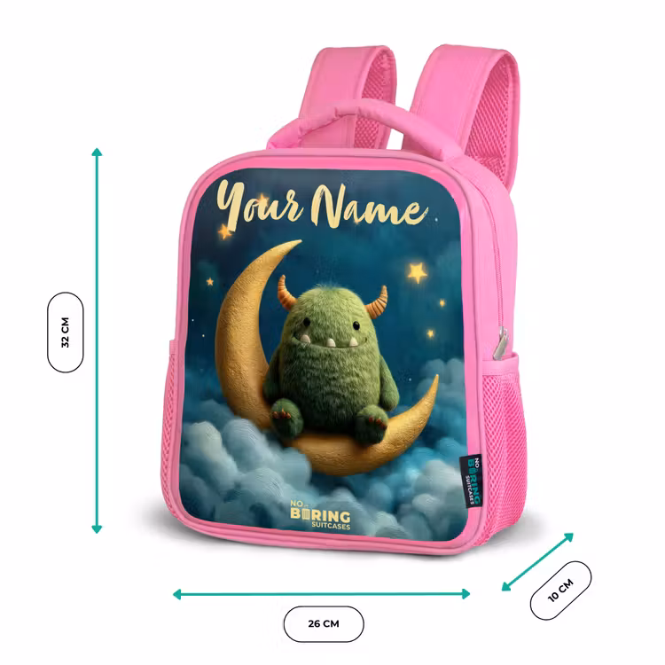 Kids backpack - Pink - Green monster on crescent moon — 3