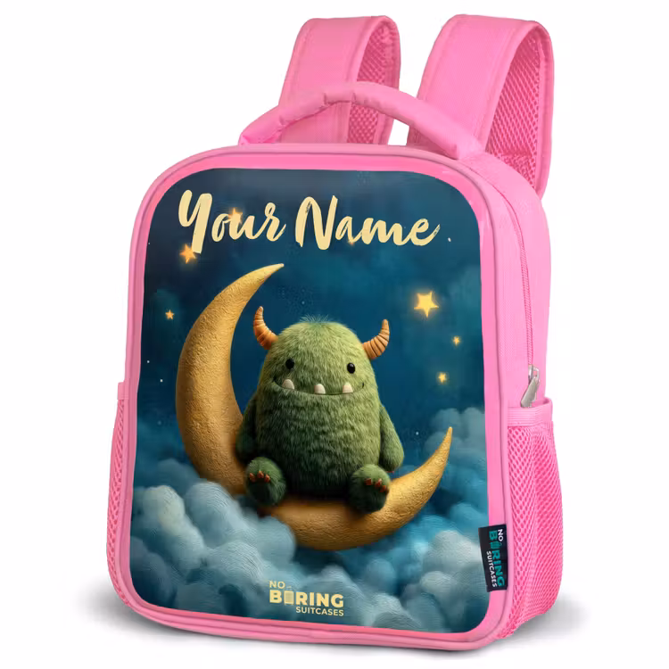 Kids backpack - Pink - Green monster on crescent moon — 4
