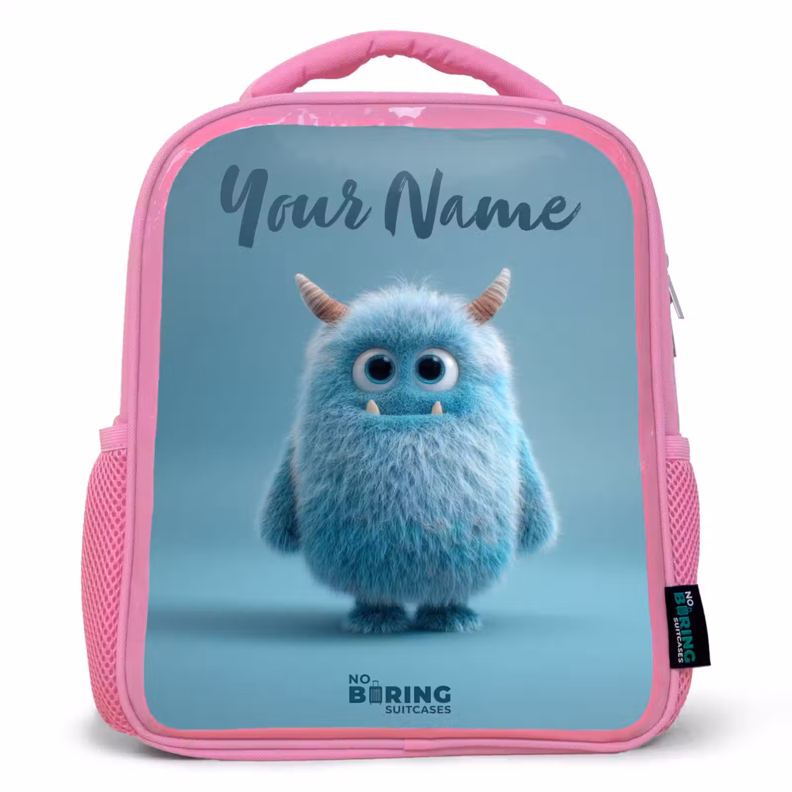 Kids backpack - Pink - Blue fluffy monster with horns — 1