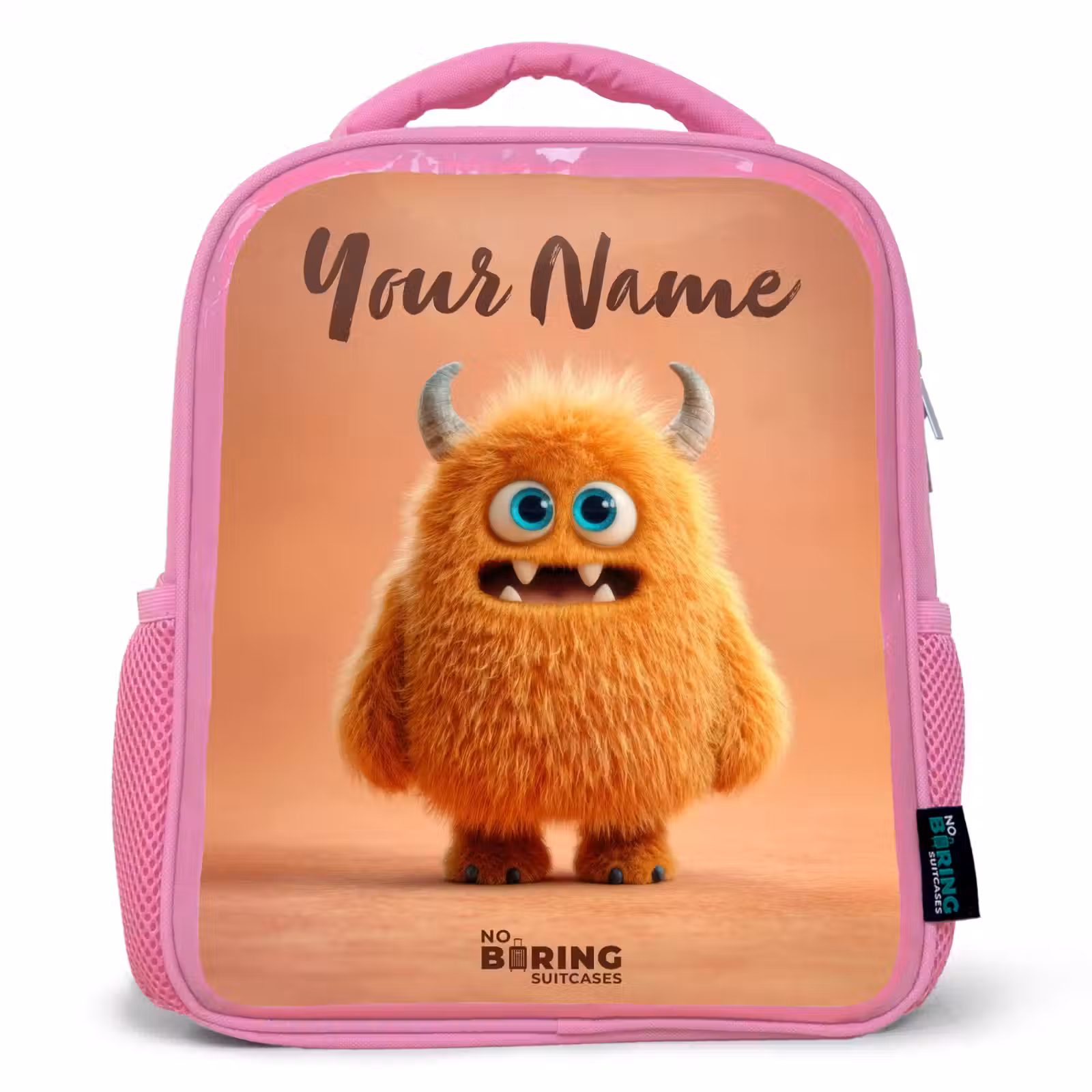 Kids backpack - Pink - Orange Fluffy Monster with Horns — 1