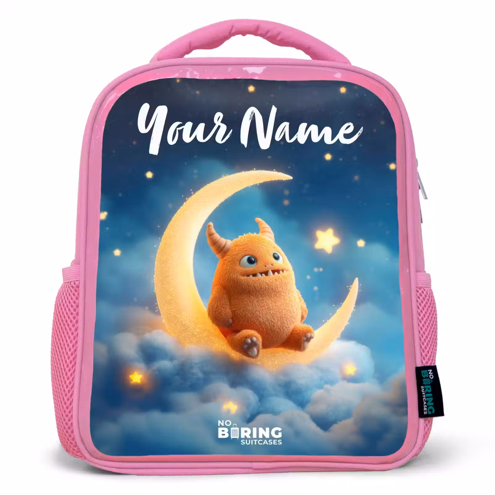 Kids backpack - Pink - Orange monster on crescent moon — 1
