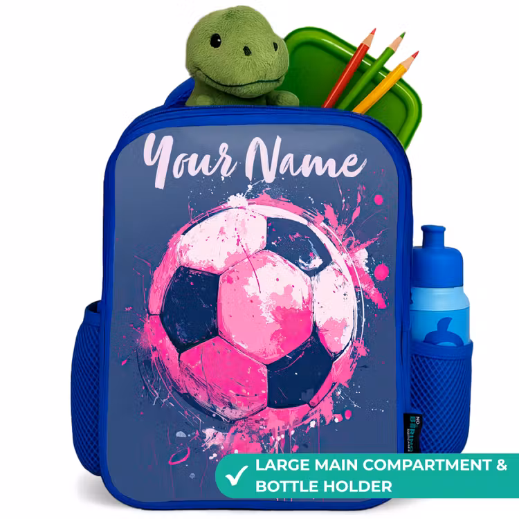 Kids backpack with name - Blue - Soccer vibes - Paint - Pink - Blue — 5