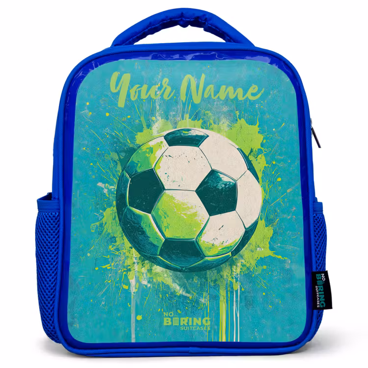Kids backpack with name - Blue - Soccer vibes - Paint splashes - Green - Blue — 1
